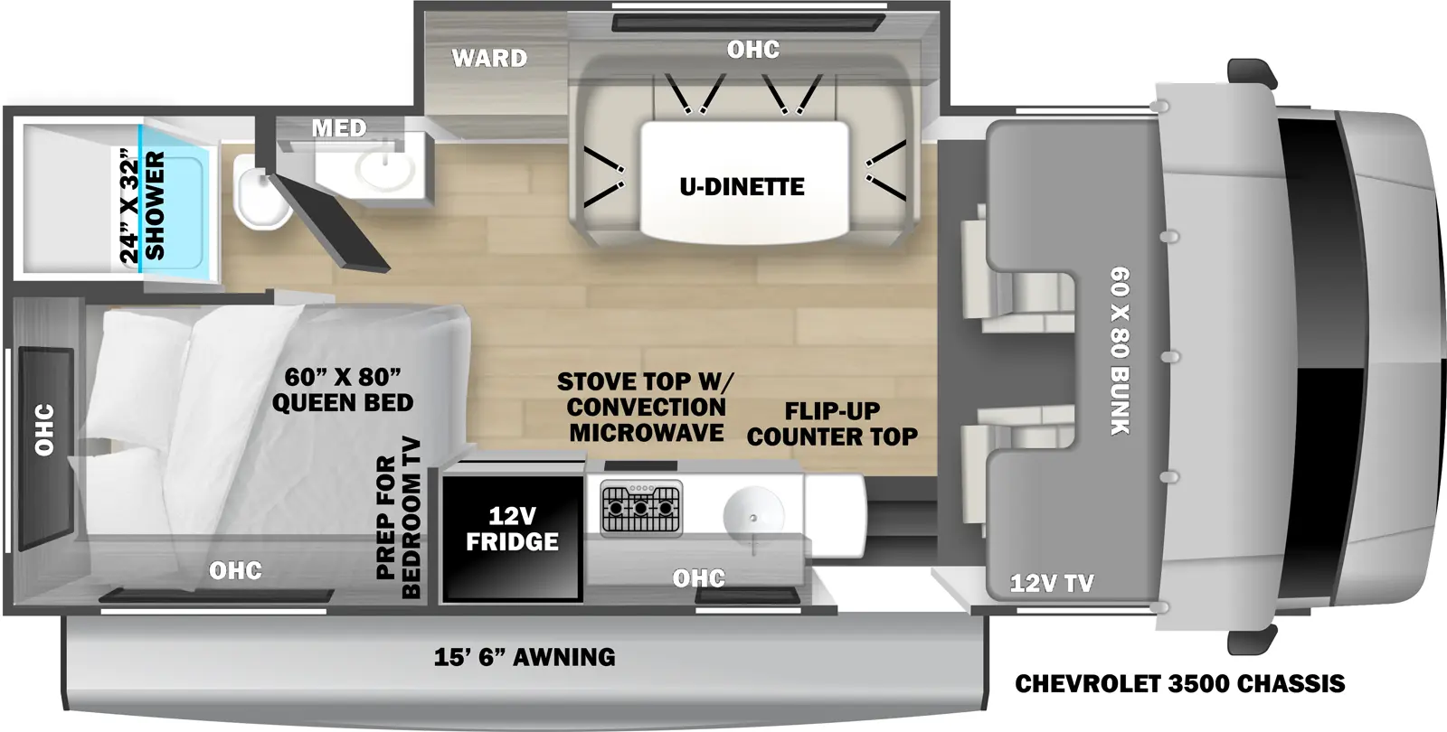 The 2151SLE has 1 slide out. Exterior featuers include a 15 ft. 6 in. awning and is built on the Chevrolet 3500 chassis. Interior layout from front to back incldues a front 60 x 80 cab over bunk with 12V TV; off-door side slide out with U-Dinette, wardrobe and overhead cabinet; door side kitchen with 12V refrigerator, stovetop with convection microwave, overhead cabinet, sink and flip-up countertop extension; rear corner bedroom with 60 x 80 Queen bed and prep for bedroom TV; rear corner bathroom with 24 x 32 shower, toilet, medicine cabinet and sink.